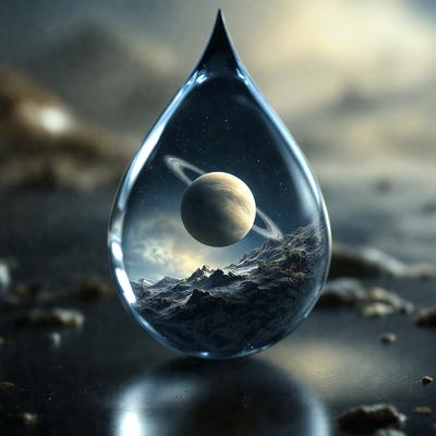 The primary subject of the image is a drop of water, which is the main object in the scene. The setting is a dark background, which creates a moody atmosphere. The visual style is a combination of photo and digital art, as the water drop is captured in a close-up shot with a digital art background. The colors in the image are predominantly dark, with the water drop being the only bright spot.